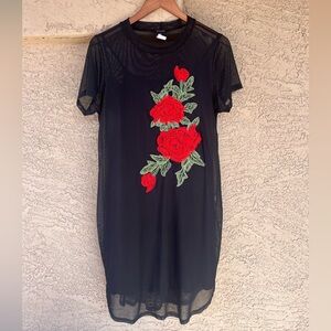 Black Mesh Dress with Red Floral Embroidery